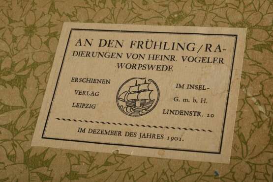 Vogeler, Heinrich (1872-1942) "An den Frühling" 1899/1901, Mappe mit 10 Radierungen und Vorblatt, Platten je monog., Inselverlag/Leipzig, Druck O. Felsing, PM 15,5x15,5cm, BM 34,5x26cm (Mappe 36x27,5), Vorblatt… - photo 2