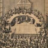 Unbekannter Künstler des 18.Jh. "Die Hamburgische Lotterey=Ziehung gehalten im July A=1717", Kupferstich (z.T. überklebt), verso bez., 37,3x32cm (m.R. 61x54,3cm), min. fleckig, rest., vergilbt - photo 1