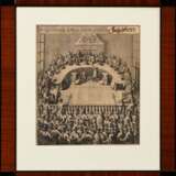 Unbekannter Künstler des 18.Jh. "Die Hamburgische Lotterey=Ziehung gehalten im July A=1717", Kupferstich (z.T. überklebt), verso bez., 37,3x32cm (m.R. 61x54,3cm), min. fleckig, rest., vergilbt - photo 2
