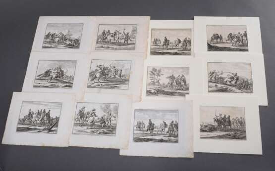 12 Rugendas I, Georg Philipp (1666-1742) "Reiterschlachten", Kupferstiche, gestochen von Georg Conrad Bodenehr (1663-1710), z.T. in Passepartout montiert, PM 16x12,5cm, BM ca. 24,5x20cm, z.T. beschnitten, diver… - photo 2