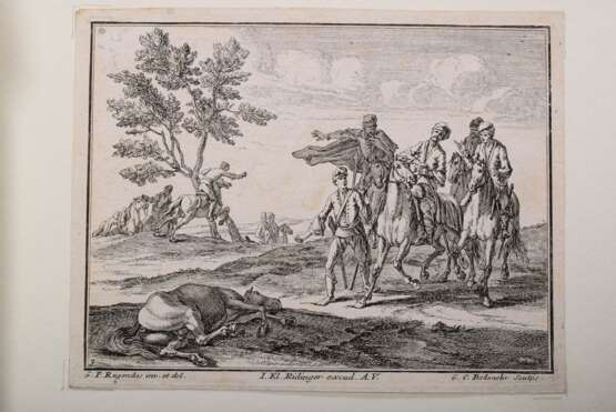 12 Rugendas I, Georg Philipp (1666-1742) "Reiterschlachten", Kupferstiche, gestochen von Georg Conrad Bodenehr (1663-1710), z.T. in Passepartout montiert, PM 16x12,5cm, BM ca. 24,5x20cm, z.T. beschnitten, diver… - photo 4