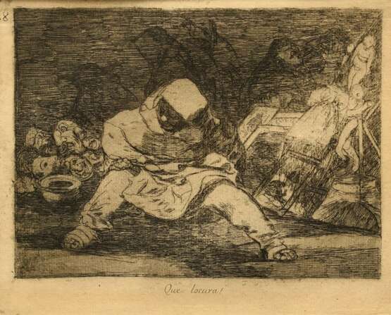 Goya, Francisco de (1746-1828) „Que Locura!“ 1810/1863, Radierung, aus: "Los Desastres de la Guerra", o.l. i.d. Platte num. (68)/u. betit., PM 15,6x22cm, BM 31,6x41,7cm (m.R. 42,8x60,3cm), vergilbt, leicht flec… - фото 1