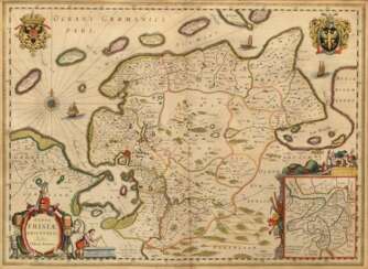 Hamersvelt, Everard Sijmons van (1591-?) und Rogeri, Salomon (1592-1640) &quot;Typus Frisiae Orientalis...“ (Friesland und Umgebung), color. Kupferstich, von dem Geschichtsschreiber Emmius Ubbo (1547-1625), verso auf Lat…