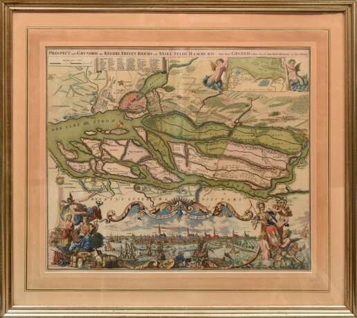 Homann, Johann Baptist (1664-1724) "Prospect und Grundris der Keiserl. Freyen Reichs und Ansee Stadt Hamburg...", color. Kupferstich, mit Panoramadarstellung, 49,5x59cm (m.R. 70x79cm), schwache Mittelfalz, leic… - photo 6