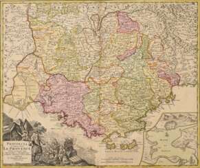 Homann, Johann Baptist (1664-1724) &quot;Provincia Indigenis dicta La Provence divisa in omnes suos...&quot; (Provence Frankreich), color. Kupferstich, BM 53x60,3cm, Mittelfalz, min. rest., Altersspuren