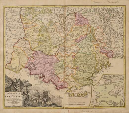 Homann, Johann Baptist (1664-1724) "Provincia Indigenis dicta La Provence divisa in omnes suos..." (Provence Frankreich), color. Kupferstich, BM 53x60,3cm, Mittelfalz, min. rest., Altersspuren - Foto 2