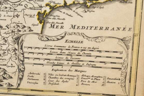 Homann, Johann Baptist (1664-1724) „Tabula Aquitaniae complectens Gubernationem Guiennae et Vasconiae exhibita“ (Aquitanien, mit Ansichten und Plänen von Bordeaux, Bayonne, Blaye), color. Kupferstich, 50x59,5cm (m.R. 71x… - фото 3