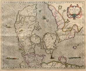 Hondius, Henricus II (1597-1651) „Totius Daniae nova Descriptio“ (Dänemark und die Südküste Schwedens), color. Kupferstich, verso lat. beschr., 39,5x46cm (m.R. 60,8x65,8cm), Mittelfalz, leichte Altersspuren