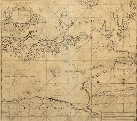 Keulen, Johannes van (1654-1715) „Nieuwe Paskaert Voor een Gedeelte Van de Oost Zee...“ (Östliche Ostsee mit Anrainerstaaten), Kupferstich, 50,5x57,5vm (m.R. 74x80cm), schwache Mittelfalz, leichte Altersspuren - фото 1