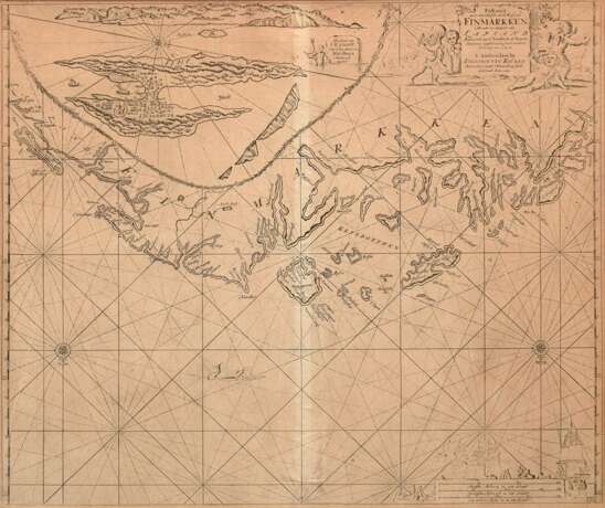 Keulen, Johannes van (1654-1715) „Paskaart vant Noordelykste van de kust van Finmarken … Lapland“, Kupferstich, ungenordet, 51x58cm (m.R. 72x80cm), vergilbt, leichte Altersspuren - Foto 1