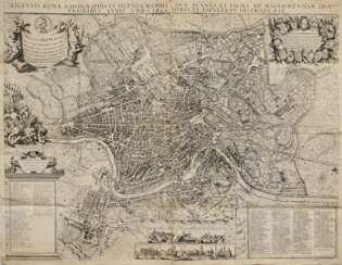 Mejer, Johannes (1606-1674) Wandkarte &quot;Recentis Romae Ichnographia et Hypsographia sive Planta et Facies ad magnificentiam...&quot; 1677, Kupferstich, nach Giovanni Battista Falda (1648-1678), gewidmet Papst Innozen…