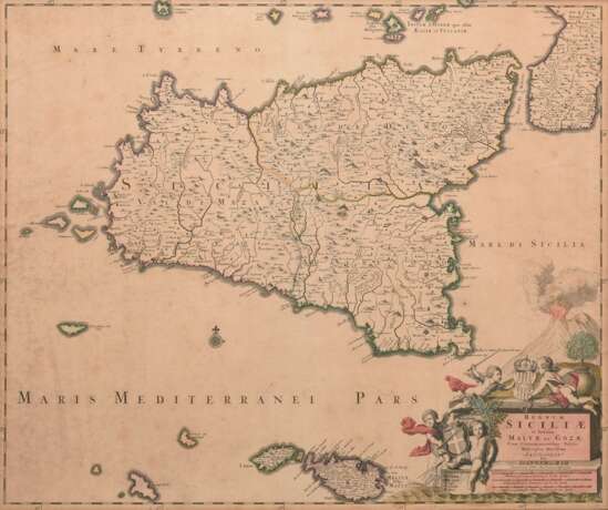 Ram, Johannes de (1648-1693) „Regnum Siciliae et Insulae Maltae et Gozae..." (Sizilien mit Malta und Gozo), color. Kupferstich, 49,5x59cm (m.R. 72,5x80cm), vergilbt, leicht fleckig - photo 1