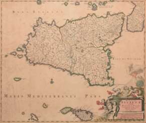 Ram, Johannes de (1648-1693) „Regnum Siciliae et Insulae Maltae et Gozae...&quot; (Sizilien mit Malta und Gozo), color. Kupferstich, 49,5x59cm (m.R. 72,5x80cm), vergilbt, leicht fleckig