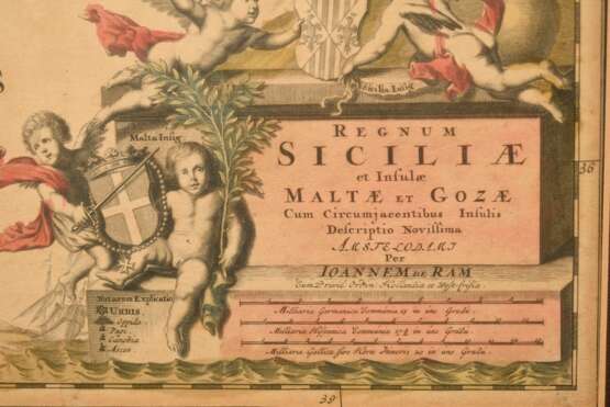 Ram, Johannes de (1648-1693) „Regnum Siciliae et Insulae Maltae et Gozae..." (Sizilien mit Malta und Gozo), color. Kupferstich, 49,5x59cm (m.R. 72,5x80cm), vergilbt, leicht fleckig - Foto 3
