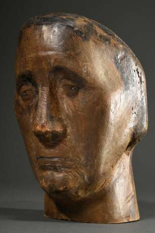 Großer geschnitzter Kopf „Alte Frau“, Holz mit Resten von farbiger Fassung, um 1920, 28x20x18cm, leichte Altersspuren - photo 3