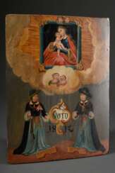 Votivbild mit Darstellung zweier Frauen in Tiroler Tracht unter Gnadenbild der Muttergottes &quot;Maria Hilf&quot; (nach Lukas Cranach d.Ä.), bez.: &quot;EX VOTO 1812&quot;, Öl/Holz, 32x23,5cm, Ecken bestoßen