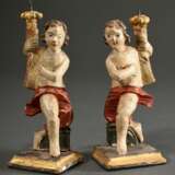 Paar kleine Leuchter-Engel in barocker Façon, Holz geschnitzt und bemalt, Südtirol oder Norditalien 19.Jh., H. 12cm, Farbverluste - photo 1