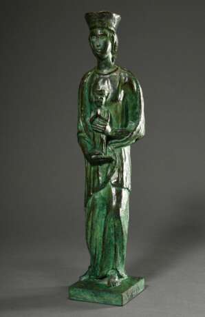 Heiligenfigur "Muttergottes mit Kind", Bronze grün patiniert, Sockel sign. Barnes (?), 20.Jh., H. 48cm - Foto 3