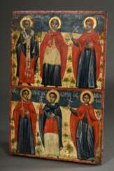 Griechische Ikone &quot;Sechs Heilige&quot;, Anfang 19.Jh., Eitempera/Kreidegrund auf Holz, 43x28cm, Altersspuren