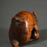 Buchsbaum Netsuke "Ratte mit Kastanie", eingelegte Horn Augen, schöne Patina, Japan, H. 2,9cm, Schwanz alt abgebrochen - Foto 4
