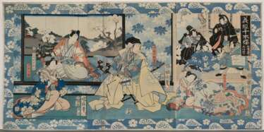 Utagawa Kuniteru II (1829-1874) Kabuki Stück &quot;Yoshitsune senbon zakura&quot; (Yoshitsune und 1000 Kirschlüten), Farbholzschnitte, Triptychon, sign. Kuniteru hitsu, Verleger Maruya, Schmuckrand, zusammen auf Papier m…