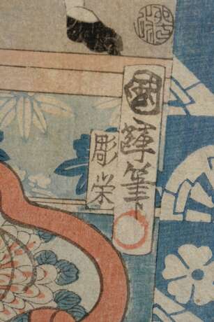 Utagawa Kuniteru II (1829-1874) Kabuki Stück "Yoshitsune senbon zakura" (Yoshitsune und 1000 Kirschlüten), Farbholzschnitte, Triptychon, sign. Kuniteru hitsu, Verleger Maruya, Schmuckrand, zusammen auf Papier m… - photo 7