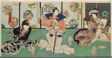 Utagawa Yoshiku (1883-1904) &quot;Kabuki Szene vor Stellschirm mit herbstlichen Blüten&quot;, Farbholzschnitte, Triptychon, sign. Yoshiiku ga, (von links nach rechts) Schauspieler Sawamura Tosshô, Sawamura Tanosuke als T…
