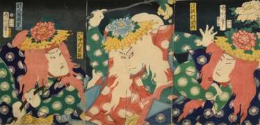 Toyohara Kunishika (1835-1900) &quot;Sangoku Kumiage Toro&quot; (Alter Löwe, der freche Löwenjungen mit einem Pfingstrosenast schlägt) 1867, Farbholzschnitte, Triptychon, sign. Kunichika hitsu, (von links nach rechts) Ot…