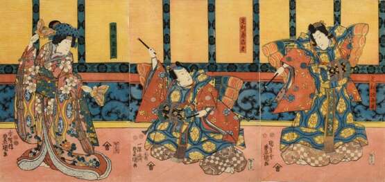 Utagawa Kunisada (1786-1865) "Kabuki Szene mit Ashikaga Yoshihisa", Farbholzschnitte, Triptychon, (links nach rechts) sign. Kôchôrô Toyokuni ga, Ichiyôsai Toyokuni ga, Kunisada Toyokuni ga, Verleger Izutsuya Sh… - photo 1