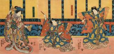Utagawa Kunisada (1786-1865) &quot;Kabuki Szene mit Ashikaga Yoshihisa&quot;, Farbholzschnitte, Triptychon, (links nach rechts) sign. Kôchôrô Toyokuni ga, Ichiyôsai Toyokuni ga, Kunisada Toyokuni ga, Verleger Izutsuya Sh…