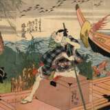 Utagawa Kunisada (1786-1865) "Boote im Schilf", Farbholzschnitte, Triptychon, sign. Gototei Kunisada ga, links Iwai Hanshirô, (Mitte und rechts) Schauspieler Ichikawa Ebizô in 2 versch. Rollen, Verleger Tsutaya… - photo 1