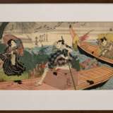 Utagawa Kunisada (1786-1865) "Boote im Schilf", Farbholzschnitte, Triptychon, sign. Gototei Kunisada ga, links Iwai Hanshirô, (Mitte und rechts) Schauspieler Ichikawa Ebizô in 2 versch. Rollen, Verleger Tsutaya… - photo 2