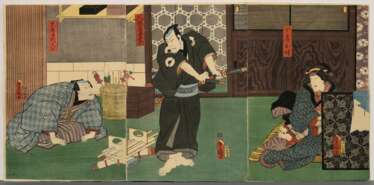 Utagawa Kunisada (1786-1865) &quot;Beim Puppenmacher&quot;, Farbholzschnitte, Triptychon, sign. Toyokuni ga, Verleger Izutsuya Shôkichi, zusammen montiert, BM je ca. 36,3x25,3cm (36,5x75cm), leichte Altersspuren