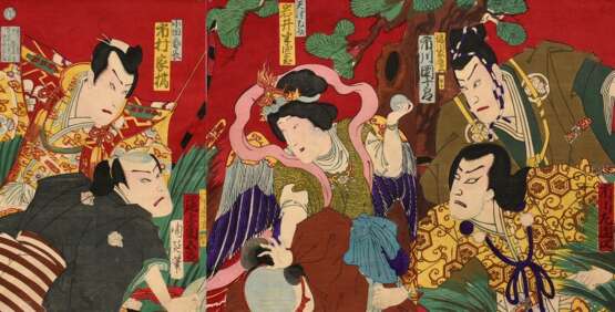 Toyohara (Yôshû) Chikanobu (1838-1912) "Theaterszene", Farbholzschnitte, Triptychon, sign. Chikanobu hitsu, (von links nach rechts) Kabuki Schauspieler Ichimura Kakitsu als Oda Harunaga, Onoe Kikujiro, Iwai Han… - Foto 1