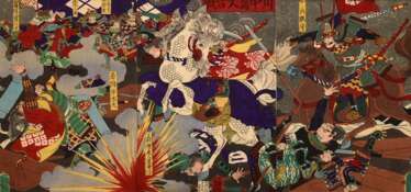 Yoshitoshi Ikkaisai (1839-1892) &quot;Kawanakajima daikassen&quot; (Große Schlacht von Kawanakajima), Farbholzschnitte, Triptychon, sign. Ikkeisai Yoshitoshi ga, Meiji 20 (1887), Offiziere (von links nach rechts)Takeda H…