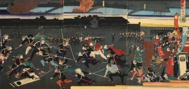Unbekannter Künstler &quot;Takegura nohara daikassen&quot; (Große Schlacht im Militärlager), Farbholzschnitte, Triptychon, im Hintergrund Sumida Fluss mit den Brücken (von links nach rechts) Ryôkokubashi, Ôhashi, Eitaiba…