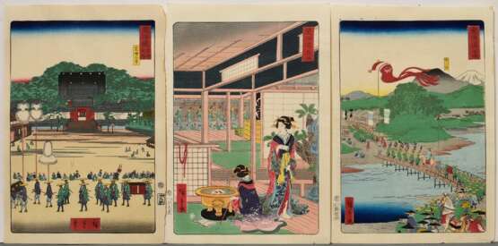 3 Utagawa Hiroshige II (1829-1869) Farbholzschnitte aus Tôkaidô Meisho fûkei (Berühmte Ansichten des Tôkaido) 1863, je sign. Hiroshige ga: "Tôkaidô Meisho no uchi - Shiba Zojoji" (Zojoji Tempel in Shiba), Verle… - photo 1