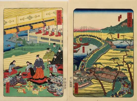 2 Utagawa Yoshimori (1830-1884), Farbholzschnitte aus Tôkaidô Meisho fûkei (Berühmte Ansichten des Tôkaido) 1863, je sign. Yoshimori ga : "Tôkaidô no uchi - Kyôto Oidetachi" (Vorbereitungen für den Ausflug), Ve… - photo 1