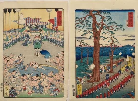 2 Kawanabe Kyôsai (1831-1889), Farbholzschnitte aus Tôkaidô Meisho fûkei (Berühmte Ansichten des Tôkaido) 1863: "Tôkaidô - Naniwa Tenpôzan kodomo sumô shôran" (Kinder Sumo Veranstaltung am Tenpôzan bei Naniwa),… - Foto 1