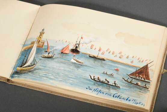 Album "Reise nach China 1904", Gouache/Aquarell/Bleistift, 37 Blätter mit Ansichten von Spanien bis China, je bez., z.T. eingeklebt, mit Federkiel, BM ca. 5x11,4-14,5x22,5cm (15,5x23,3cm), kleine Defekte - Foto 5