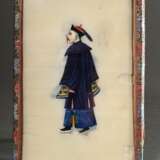 Chinesisches seidenbezogenes Kästchen mit 6 feinen Tsuso Malereien "Mandarine und chinesische Damen" unter Glasdeckel, Gouache auf Markpapier, Kanton um 1830/1840, 18x10,8cm (Kästchen 19,5x13cm), z.T. beschädig… - фото 1