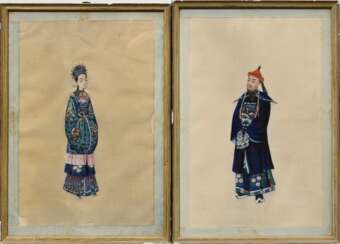 Paar feine Tsuso Malereien &quot;Mandarin und chinesische Dame&quot;, Gouache auf Markpapier, Kanton um 1830/1840, 28x18cm (m.R. 32,5x23cm), Ränder beschädigt