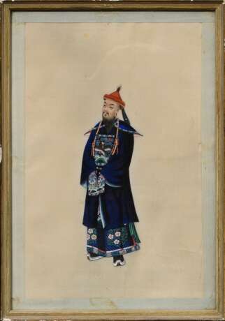Paar feine Tsuso Malereien "Mandarin und chinesische Dame", Gouache auf Markpapier, Kanton um 1830/1840, 28x18cm (m.R. 32,5x23cm), Ränder beschädigt - Foto 3
