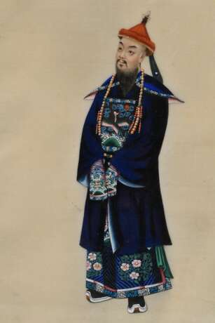 Paar feine Tsuso Malereien "Mandarin und chinesische Dame", Gouache auf Markpapier, Kanton um 1830/1840, 28x18cm (m.R. 32,5x23cm), Ränder beschädigt - фото 4