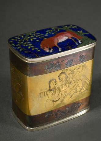Kleine chinesische Teeblätterdose mit Cloisonné Deckel "Grasendes Pferd" sowie Gravurdekor auf der Wandung "Paar in Interieur" und Gedicht über die Pagode des gelben Kranichs "Huang He Lou" … - фото 1