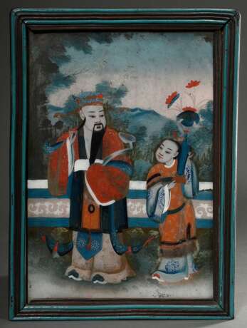Chinesische Hinterglasmalerei "Mann und Frau in Gartenlandschaft", 19.Jh., verso beschriftet, 50x35cm (m.R. 57x41,5cm), kleine Defekte - фото 1