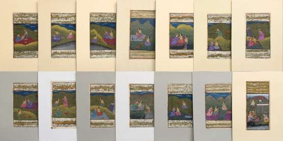 14 Diverse indopersische Miniaturen "Gartenszenen" aus Handschriften, 18./19.Jh., Deckfarbenmalerei/Papier, z.T. Gold gehöht, beidseitig beschriftet, im Passepartout montiert, ca. 20x10,5cm (m.PP. ca. 30-22cm),… - фото 1