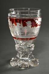 Biedermeier Pokal mit rot überfangener fein geschliffener Ansicht von &quot;Eppendorf&quot; sowie 3 Medaillons &quot;Wappen&quot; und &quot;Blumenbouquets&quot;, um 1850, H. 14,5cm, best.