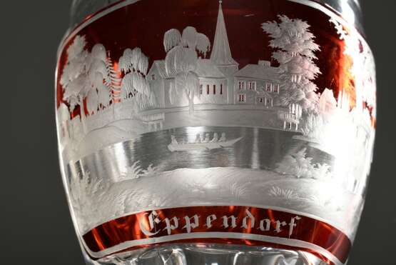 Biedermeier Pokal mit rot überfangener fein geschliffener Ansicht von "Eppendorf" sowie 3 Medaillons "Wappen" und "Blumenbouquets", um 1850, H. 14,5cm, best. - photo 2