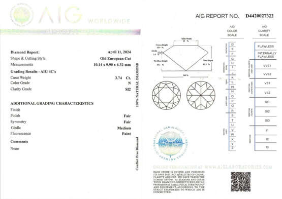 MARINA B - ILLARIO | Round ct. 3.74 and ct. 4.05 diamond white gold earrings, g 5.13 circa, length cm 1.1 circa. Signed Marina B, MB, marked 26 AL, diamond carat weight and inventory number. | | Appended diamond report AIG n. D4420027322 11/04/2024 - фото 3